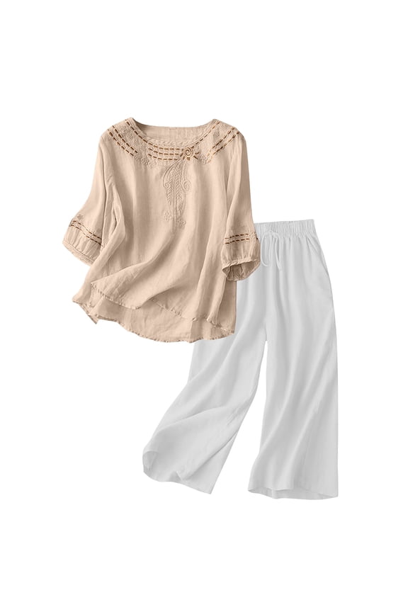 Women's Casual Embroidered Top and Cotton Linen Long Pants Two Piece Set, Summer Beach Vacation Outfit with High Waist Wide Leg Trousers and Side Pockets for Daily Wear Beige XL