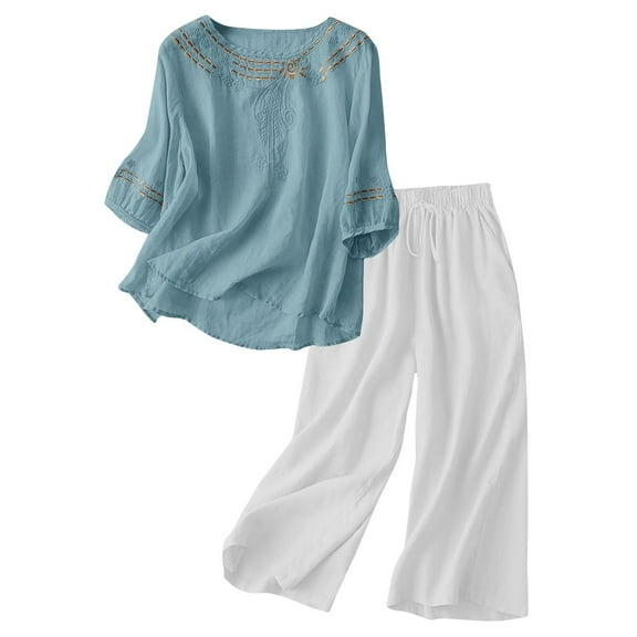 Women's Casual Embroidered Top and Cotton Linen Long Pants Two Piece Set, Summer Beach Vacation Outfit with High Waist Wide Leg Trousers and Side Pockets for Daily Wear Mint Green XXL
