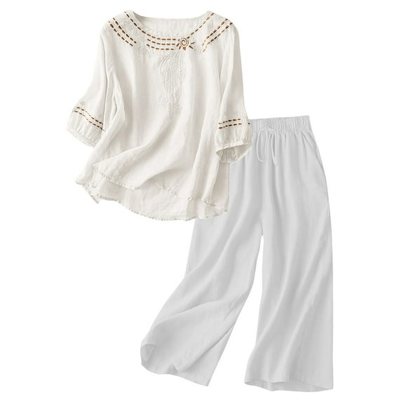 Women's Casual Embroidered Top and Cotton Linen Long Pants Two Piece Set, Summer Beach Vacation Outfit with High Waist Wide Leg Trousers and Side Pockets for Daily Wear White XXL
