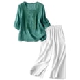 thumbnail image 1 of Women's Casual Embroidered Trousers Set Short Sleeve Top Wide Leg Pants Summer Outfit Comfortable Everyday Wear Stylish Flowy, 1 of 2