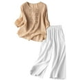 thumbnail image 1 of Women's Casual Embroidered Trousers Set Short Sleeve Top Wide Leg Pants Summer Outfit Comfortable Everyday Wear Stylish Flowy, 1 of 1