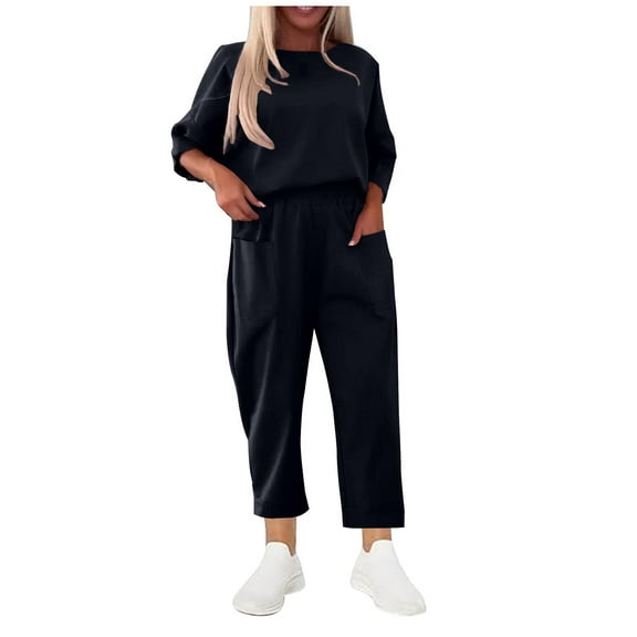 Women's Casual Fall Outfit Sets Plus Size Solid Color Round Neck Long Sleeved Set With Pockets And Wide Leg Pants