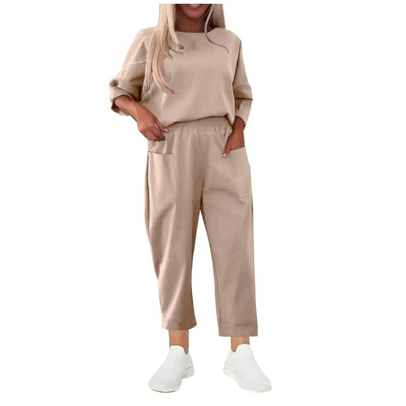 Women's Casual Fall Outfit Sets Plus Size Solid Color Round Neck Long Sleeved Set With Pockets And Wide Leg Pants