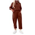 thumbnail image 1 of Women's Casual Fall Outfit Sets Plus Size Solid Color Round Neck Long Sleeved Set With Pockets And Wide Leg Pants, 1 of 5