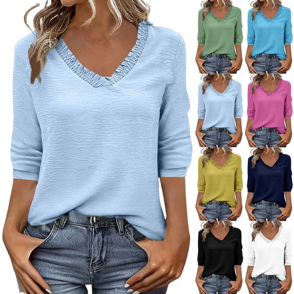 Women's Casual Fashion Business Blouse Shirt Top with Pockets Flared Collar 3/4 Sleeve Loose Fit Solid Color Long Sleeve Office Wear Professional Attire | CSEONE,Army Green L