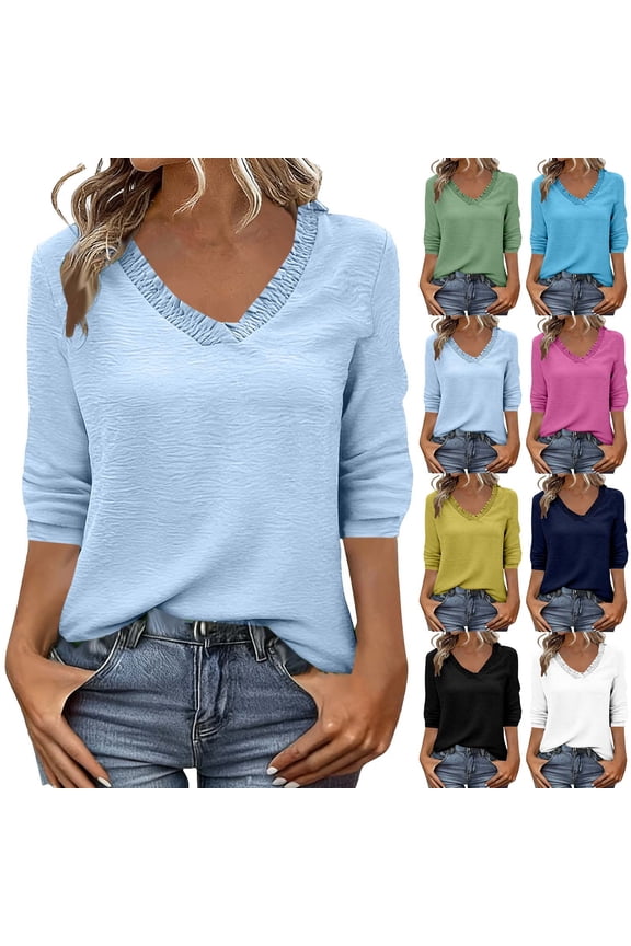 Women's Casual Fashion Business Blouse Shirt Top with Pockets Flared Collar 3/4 Sleeve Loose Fit Solid Color Long Sleeve Office Wear Professional Attire | CSEONE,Army Green L