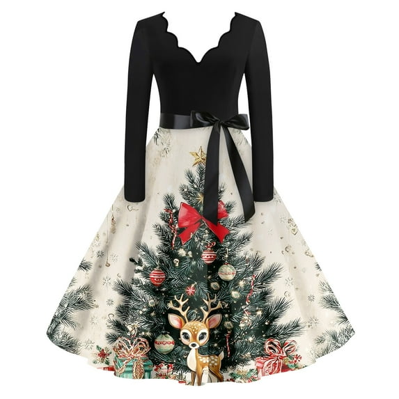 Women's Casual Fashion Christmas Holiday Print V-Neck Vintage Dress for Retro Style Holiday Parties and Casual Outings,Beige,2XL