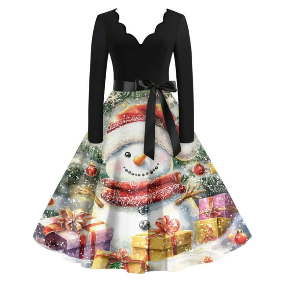 Women's Casual Fashion Christmas Holiday Print V-Neck Vintage Dress for Retro Style Holiday Parties and Casual Outings,Vermilion,M