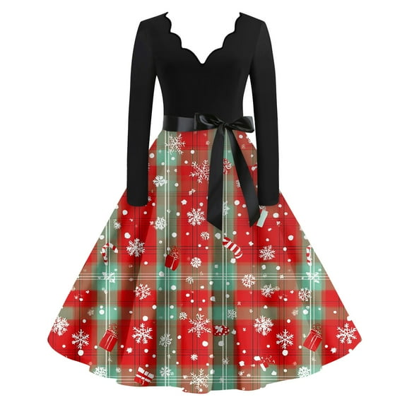 Women's Casual Fashion Christmas Holiday Print V-Neck Vintage Dress for Retro Style Holiday Parties and Casual Outings,Wine,S