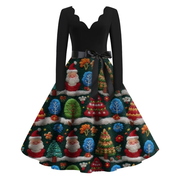Women's Casual Fashion Christmas Holiday Print V-neck Vintage Dress for Retro Style and Party Occasions, Comfortable Women's Long Sleeve Holiday Dress,Black,2XL
