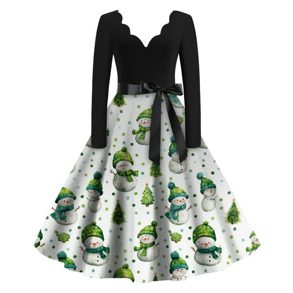 Women's Casual Fashion Christmas Holiday Print V-neck Vintage Dress for Retro Style and Party Occasions, Comfortable Women's Long Sleeve Holiday Dress,Green,S