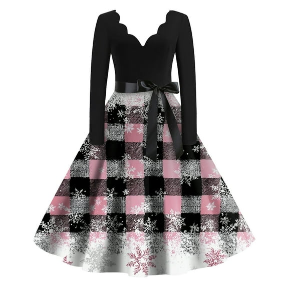 Women's Casual Fashion Christmas Holiday Print V-neck Vintage Dress for Retro Style and Party Occasions, Comfortable Women's Long Sleeve Holiday Dress,Light pink,L
