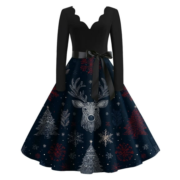 Women's Casual Fashion Christmas Holiday Print V-neck Vintage Dress for Retro Style and Party Occasions, Comfortable Women's Long Sleeve Holiday Dress,Navy,M