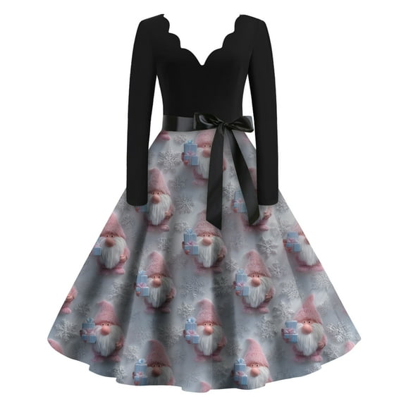 Women's Casual Fashion Christmas Holiday Print V-neck Vintage Dress for Retro Style and Party Occasions, Comfortable Women's Long Sleeve Holiday Dress,Pink,S