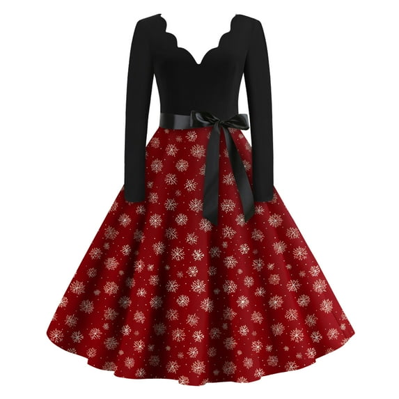 Women's Casual Fashion Christmas Holiday Print V-neck Vintage Dress for Retro Style and Party Occasions, Comfortable Women's Long Sleeve Holiday Dress,Red,L