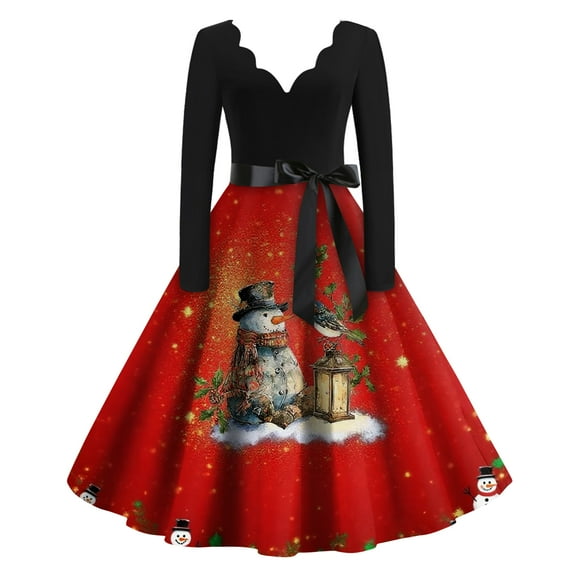 Women's Casual Fashion Christmas Holiday Print V-neck Vintage Dress for Retro Style and Party Occasions, Comfortable Women's Long Sleeve Holiday Dress,Red,XL