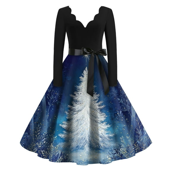 Women's Casual Fashion Christmas Holiday Print V-neck Vintage Dress for Retro Style and Party Occasions, Comfortable Women's Long Sleeve Holiday Dress,Royal Blue,S