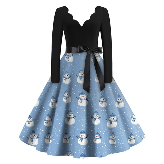 Women's Casual Fashion Christmas Holiday Print V-neck Vintage Dress for Retro Style and Party Occasions, Comfortable Women's Long Sleeve Holiday Dress,Sky Blue,S