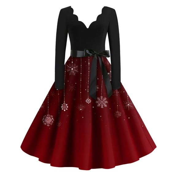 Women's Casual Fashion Christmas Holiday Print V-neck Vintage Dress for Retro Style and Party Occasions, Comfortable Women's Long Sleeve Holiday Dress,Watermelon Red,S