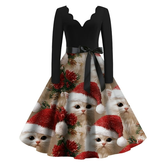 Women's Casual Fashion Christmas Holiday Print V-neck Vintage Dress for Retro Style and Party Occasions, Comfortable Women's Long Sleeve Holiday Dress,White,S