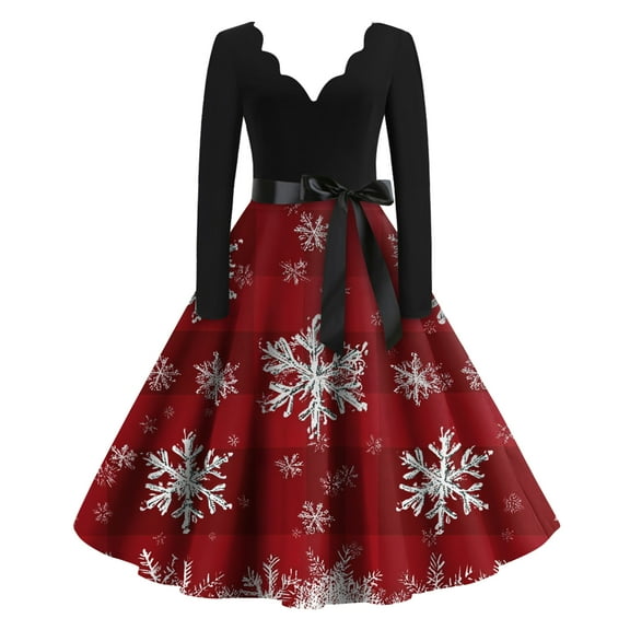Women's Casual Fashion Christmas Holiday Print V-neck Vintage Dress for Retro Style and Party Occasions, Comfortable Women's Long Sleeve Holiday Dress,Wine,2XL