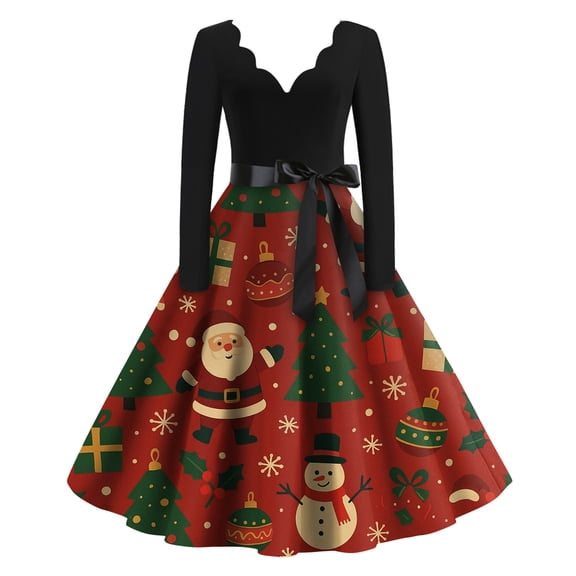 Women's Casual Fashion Christmas Holiday Print V-neck Vintage Dress for Retro Style and Party Occasions, Comfortable Women's Long Sleeve Holiday Dress,Wine,S