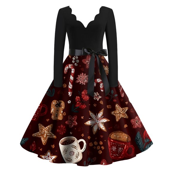 Women's Casual Fashion Christmas Holiday Print V-neck Vintage Dress for Retro Style and Party Occasions, Comfortable Women's Long Sleeve Holiday Dress,Wine,S