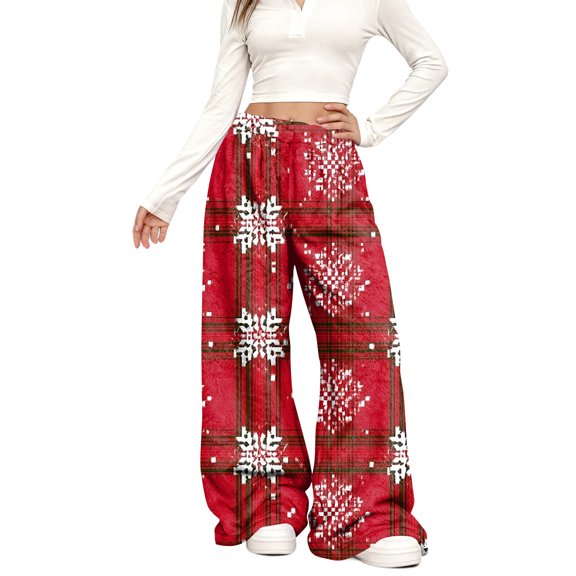Women's Casual Fashion Christmas Print Elastic Waist Loose Plush Wide Leg Pants, Comfortable Home and Sleepwear Bottoms for Winter, Warm and Cozy Lounge Pants, Red, S