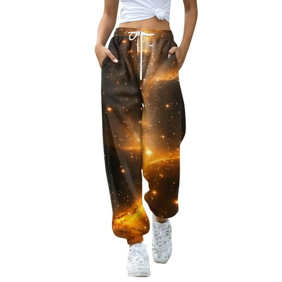 Women's Casual Fashion Christmas Print Sweatpants with Drawstring Waistband and Cuffed Legs, Comfortable Long Pants for Sports and Home Wear, Elastic Waist for Easy Fit,Black,S