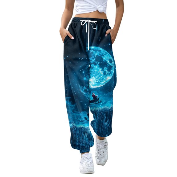 Women's Casual Fashion Christmas Print Sweatpants with Drawstring Waistband and Cuffed Legs, Comfortable Long Pants for Sports and Home Wear, Elastic Waist for Easy Fit,Dark Blue,S