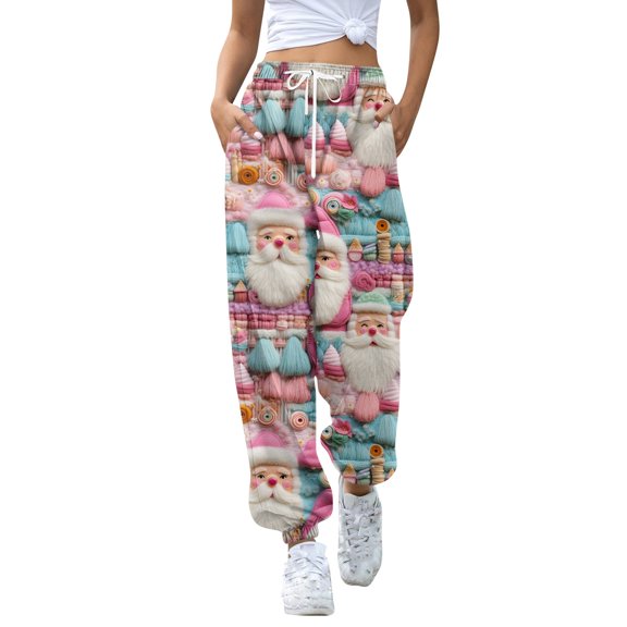Women's Casual Fashion Christmas Print Sweatpants with Drawstring Waistband and Cuffed Legs, Comfortable Long Pants for Sports and Home Wear, Elastic Waist for Easy Fit,Hot Pink,S