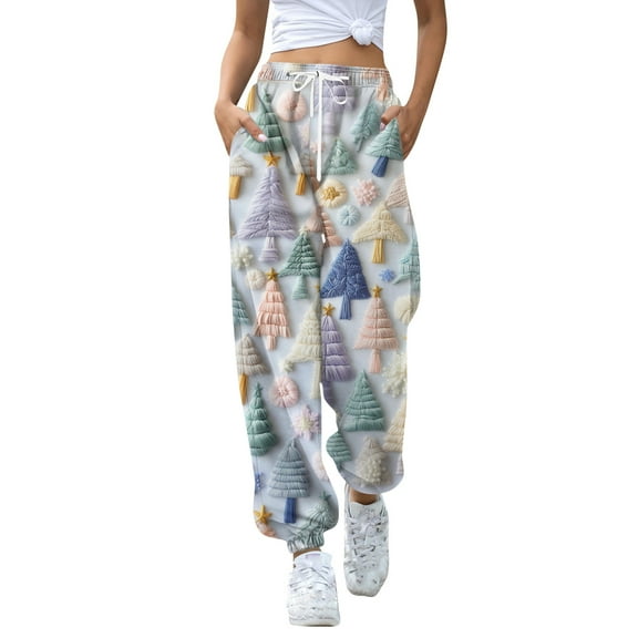 Women's Casual Fashion Christmas Print Sweatpants with Drawstring Waistband and Cuffed Legs, Comfortable Long Pants for Sports and Home Wear, Elastic Waist for Easy Fit,Light Blue,S