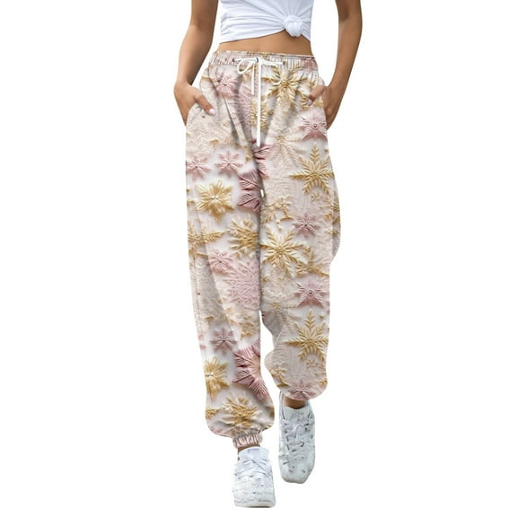 Women's Casual Fashion Christmas Print Sweatpants with Drawstring Waistband and Cuffed Legs, Comfortable Long Pants for Sports and Home Wear, Elastic Waist for Easy Fit,Light pink,S