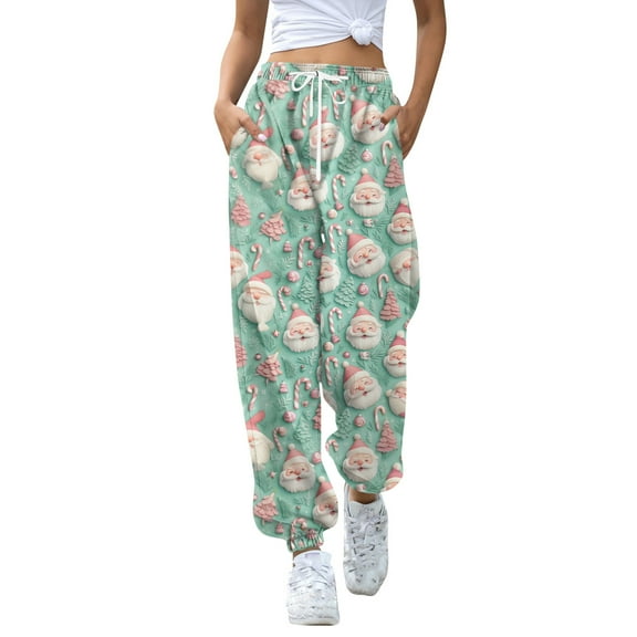 Women's Casual Fashion Christmas Print Sweatpants with Drawstring Waistband and Cuffed Legs, Comfortable Long Pants for Sports and Home Wear, Elastic Waist for Easy Fit,Mint Green,XL