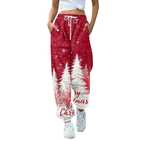 Women's Casual Fashion Christmas Print Sweatpants with Drawstring Waistband and Cuffed Legs, Comfortable Long Pants for Sports and Home Wear, Elastic Waist for Easy Fit,Red,M