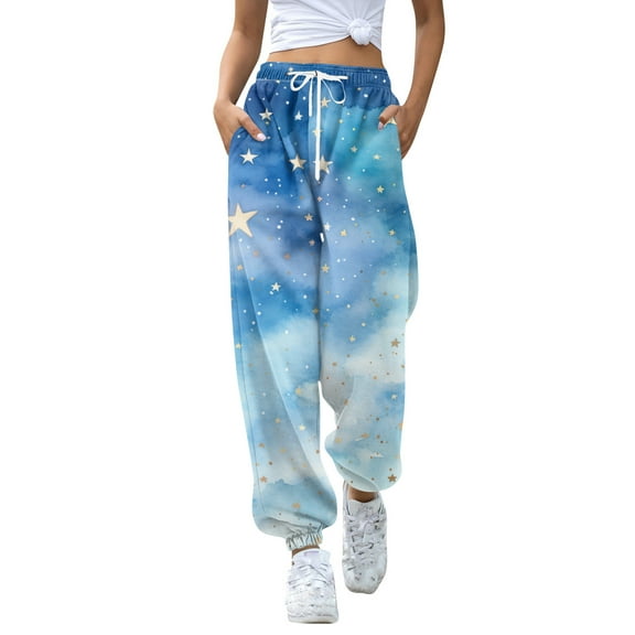 Women's Casual Fashion Christmas Print Sweatpants with Drawstring Waistband and Cuffed Legs, Comfortable Long Pants for Sports and Home Wear, Elastic Waist for Easy Fit,Sky Blue,S