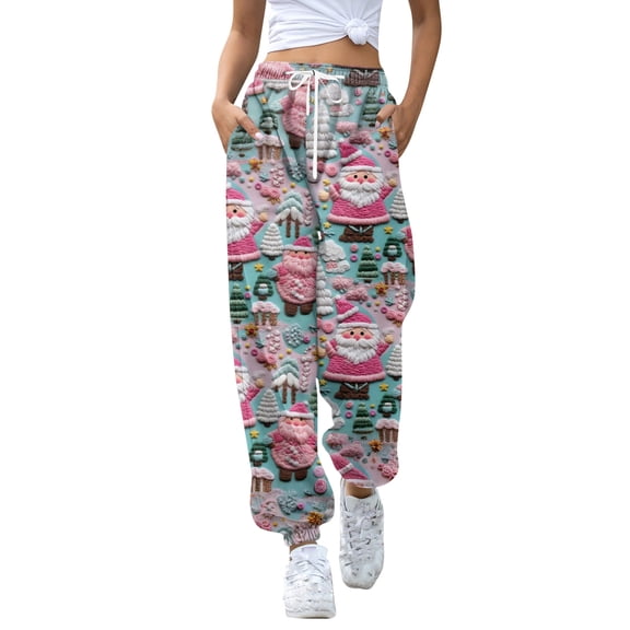 Women's Casual Fashion Christmas Print Sweatpants with Drawstring Waistband and Cuffed Legs, Comfortable Long Pants for Sports and Home Wear, Elastic Waist for Easy Fit,Watermelon Red,L