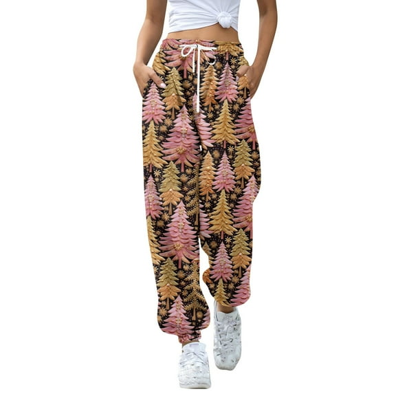 Women's Casual Fashion Christmas Print Sweatpants with Drawstring Waistband and Cuffed Legs, Comfortable Long Pants for Sports and Home Wear, Elastic Waist for Easy Fit,Wine,S