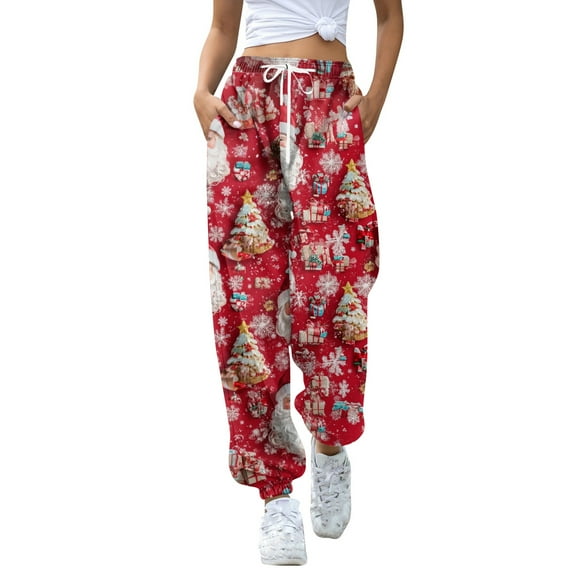 Women's Casual Fashion Christmas Print Sweatpants with Drawstring Waistband and Cuffed Legs, Comfortable Long Pants for Sports and Home Wear, Elastic Waist for Easy Fit,Wine,M