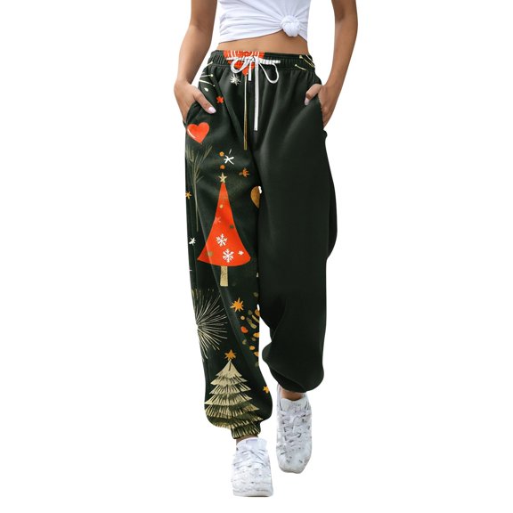 Women's Casual Fashion Christmas Print Sweatpants, Long Casual Pants with Drawstring Waist for Sports and Home Wear, Comfortable Material,Army Green,M