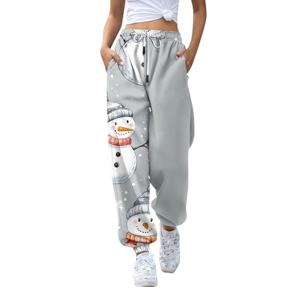 Women's Casual Fashion Christmas Print Sweatpants, Long Casual Pants with Drawstring Waist for Sports and Home Wear, Comfortable Material,Light Gray,S