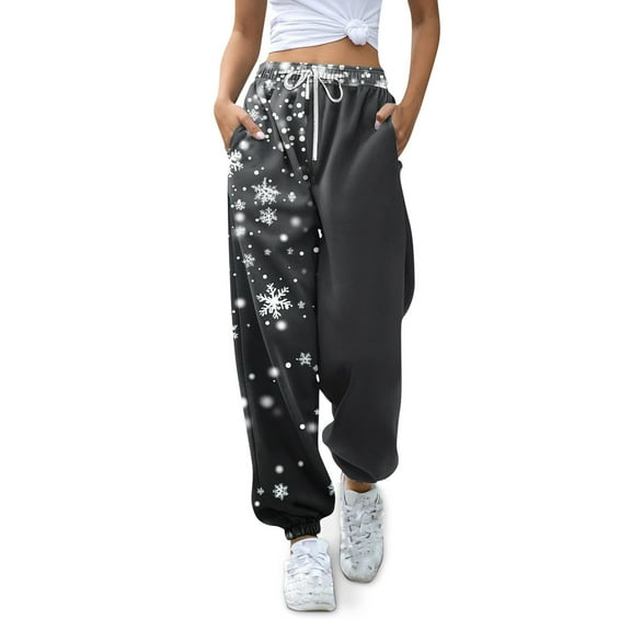 Women's Casual Fashion Christmas Print Sweatpants, Long Casual Pants with Drawstring Waist for Sports and Home Wear, Comfortable Material,Dark Gray,M