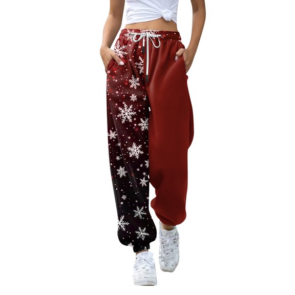 Women's Casual Fashion Christmas Print Sweatpants, Long Casual Pants with Drawstring Waist for Sports and Home Wear, Comfortable Material,Deep Red,M