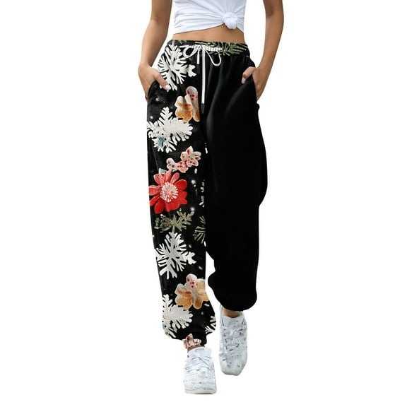 Women's Casual Fashion Christmas Print Sweatpants, Long Casual Pants with Drawstring Waist for Sports and Home Wear, Comfortable Material,Red,XL