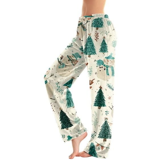 Women's Casual Fashion Christmas Printed Flannel Pants Pajama Pants, Home Sleepwear, Comfortable and Warm Winter Bottoms with Drawstring Waist, Beige, L
