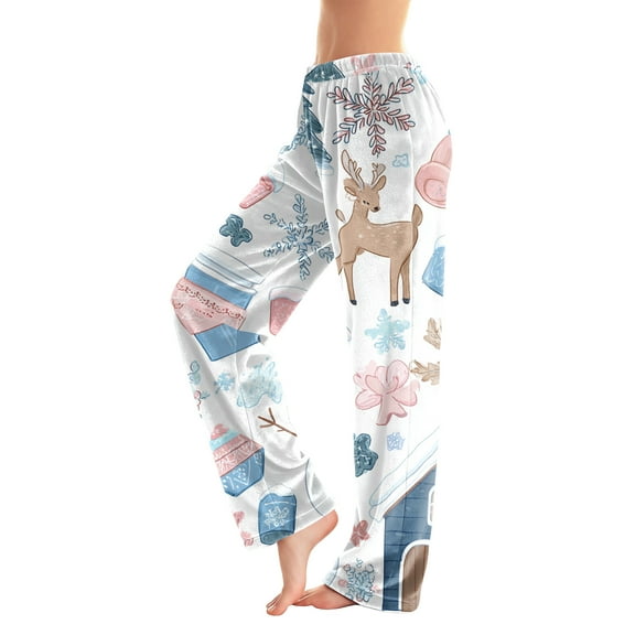 Women's Casual Fashion Christmas Printed Flannel Pants Pajama Pants, Home Sleepwear, Comfortable and Warm Winter Bottoms with Drawstring Waist, Light Blue, XS