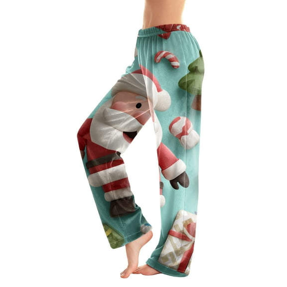 Women's Casual Fashion Christmas Printed Flannel Pants Pajama Pants, Home Sleepwear, Comfortable and Warm Winter Bottoms with Drawstring Waist, Sky Blue, XS