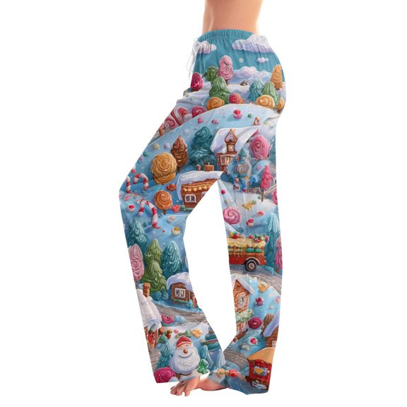 Women's Casual Fashion Christmas Printed Trousers Plush Casual Pants, Comfortable Home and Sleepwear Bottoms for Winter, Elastic Waist with Drawstring, Cyan, S