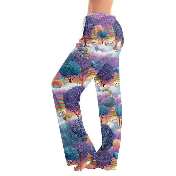Women's Casual Fashion Christmas Printed Trousers Plush Casual Pants, Comfortable Home and Sleepwear Bottoms for Winter, Elastic Waist with Drawstring, Light Purple, S