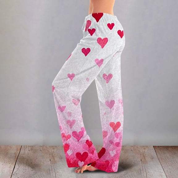 Women's Casual Fashion Comfort Pajama Pants, Print Drawstring Pants Full Length Long, Love Valentine's Day Pattern Lounge Pants,White,S